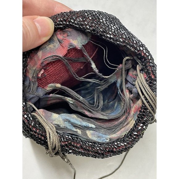 Antique Vintage 20th C.  Dark Black Red Beaded Flapper Art Deco Glass Purse Bag - Picture 10 of 16